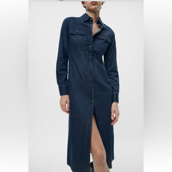 NWT - ZARA DarkDenim Button Down Midi Shirt Dress - Women's Size M - Picture 1 of 10